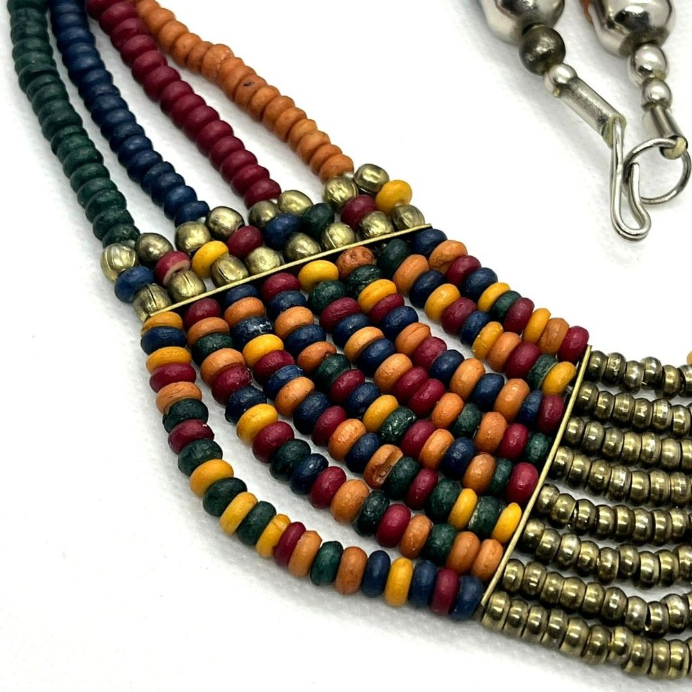 Boho Chic Trendy Multi Strand VTG Blue Red Black Natural Rondelle Bead Necklace - Picture 4 of 8